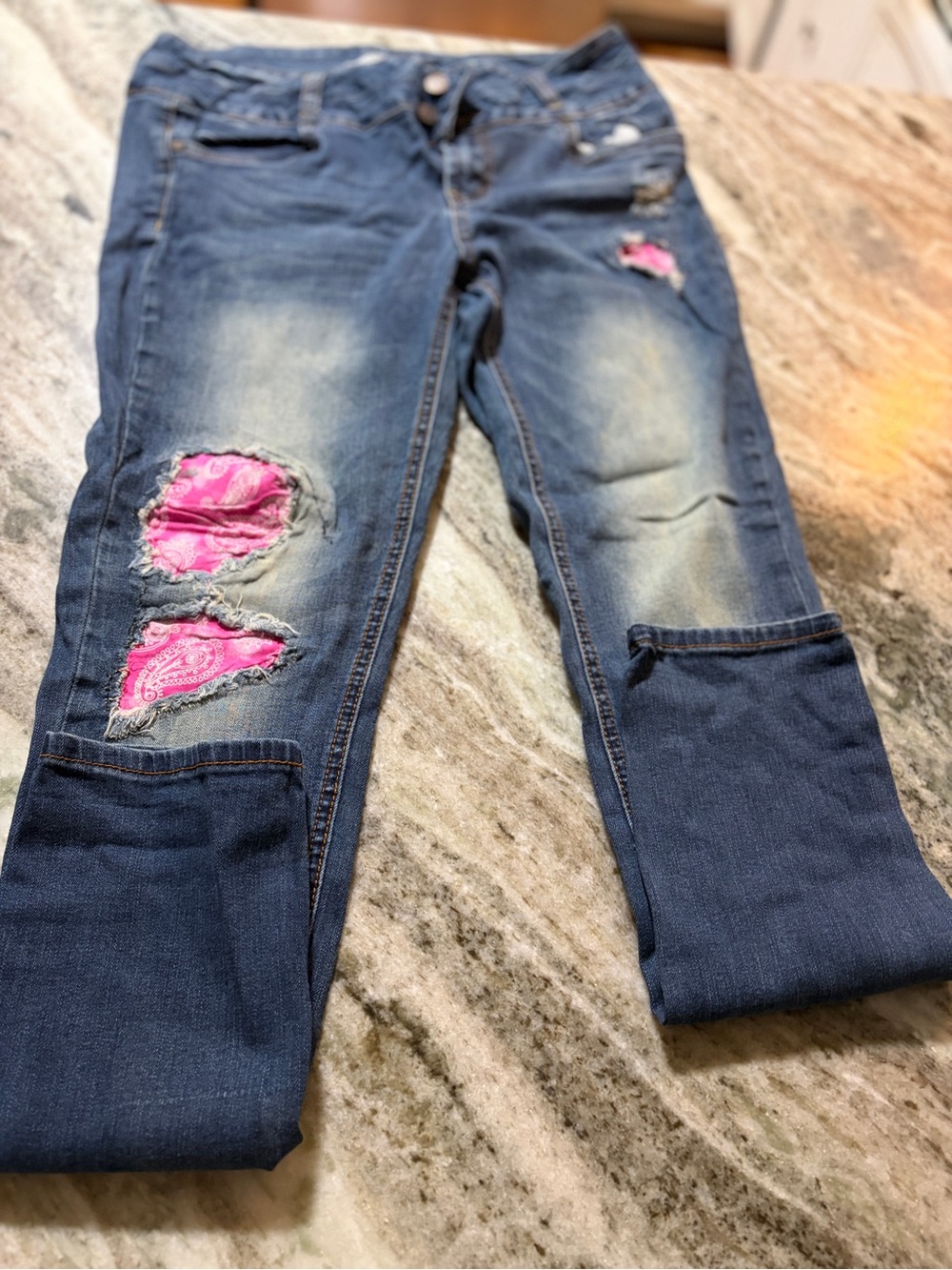 refuge Skinny Dark Blue Jeans with Pink Patch Details